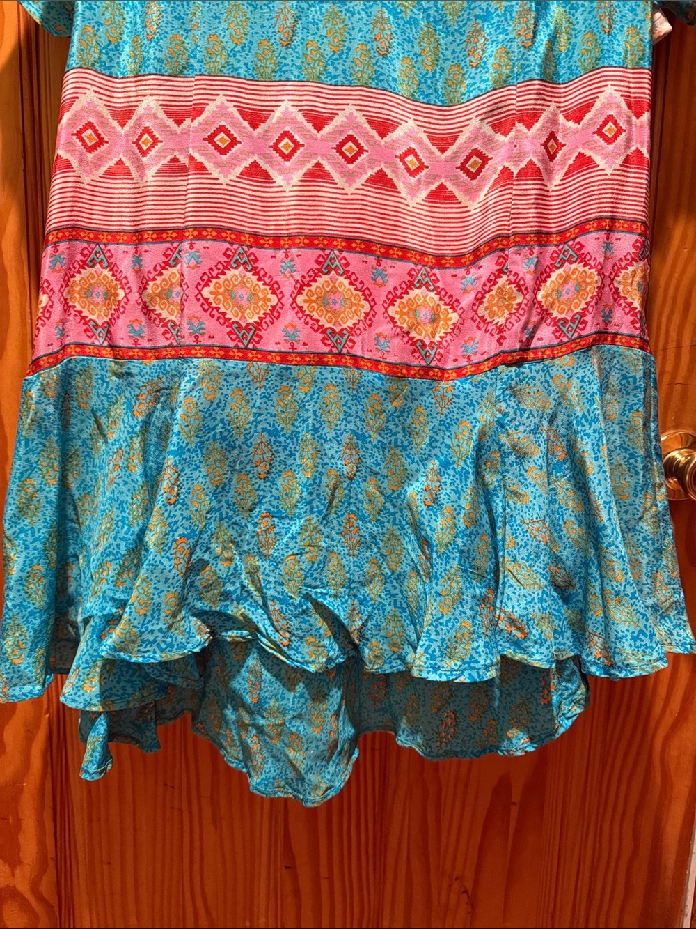 Tolani 100% Silk Boho Luxe Tunic Dress Turquoise Pink Geometric Ruffle Hem Small - Picture 15 of 15